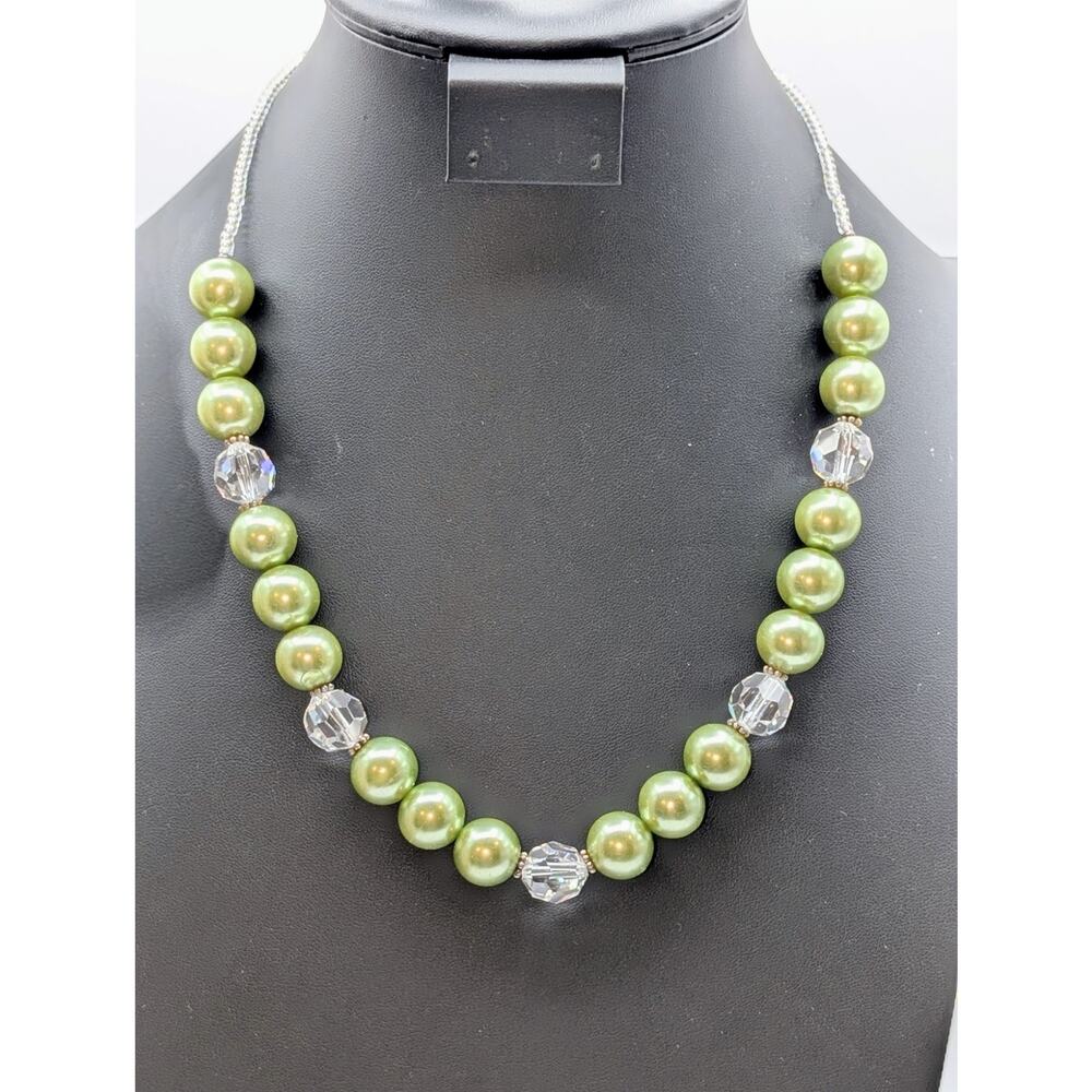 925 Sterling Silver Large Green Faux Pearl Glass Crystal Bead Necklace